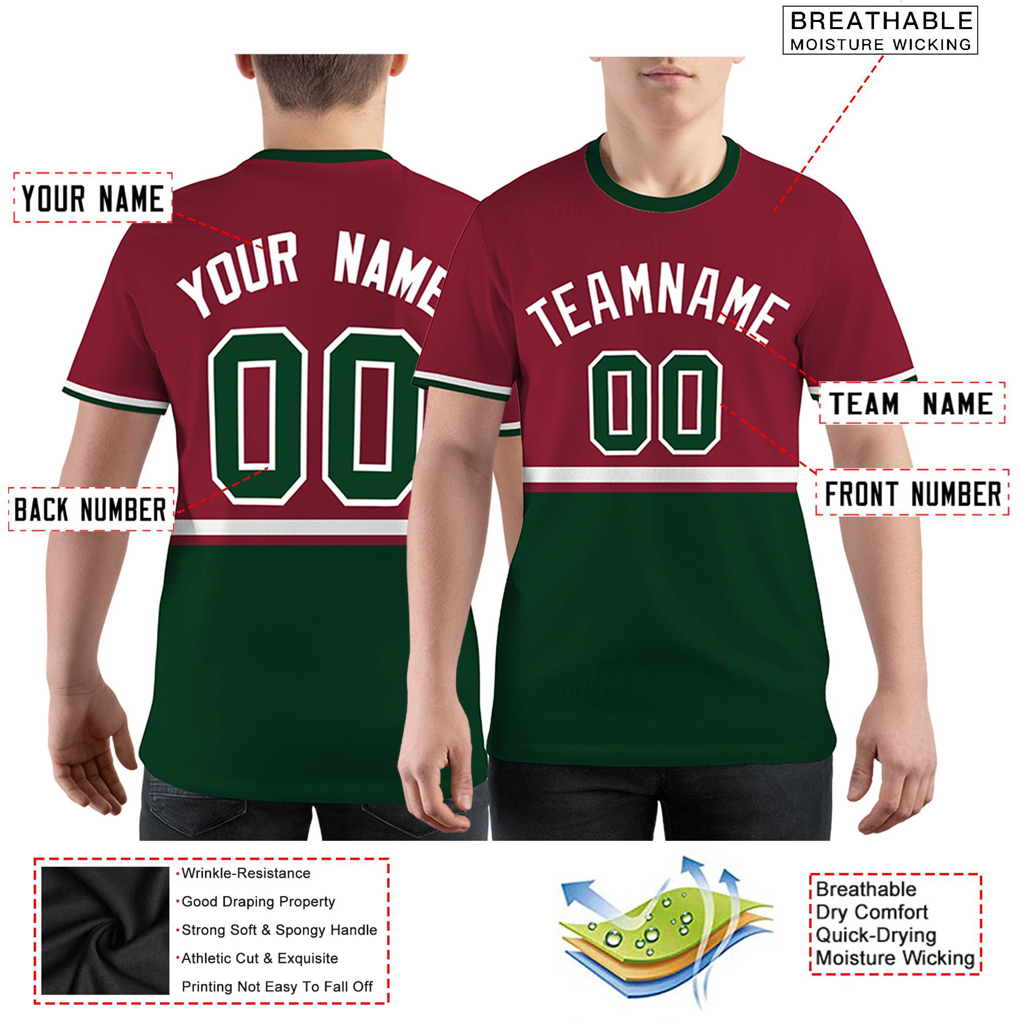 Custom Crimson Green-White Color Block Design Performance T-Shirt