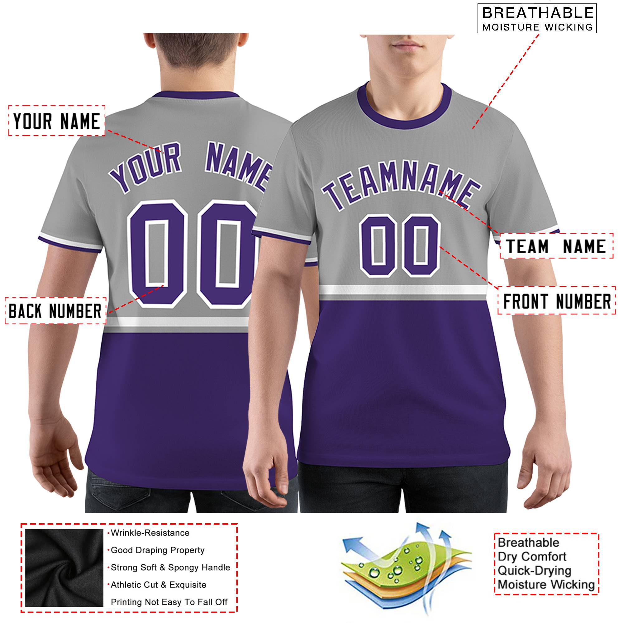 Custom Gray Purple-White Color Block Design Performance T-Shirt