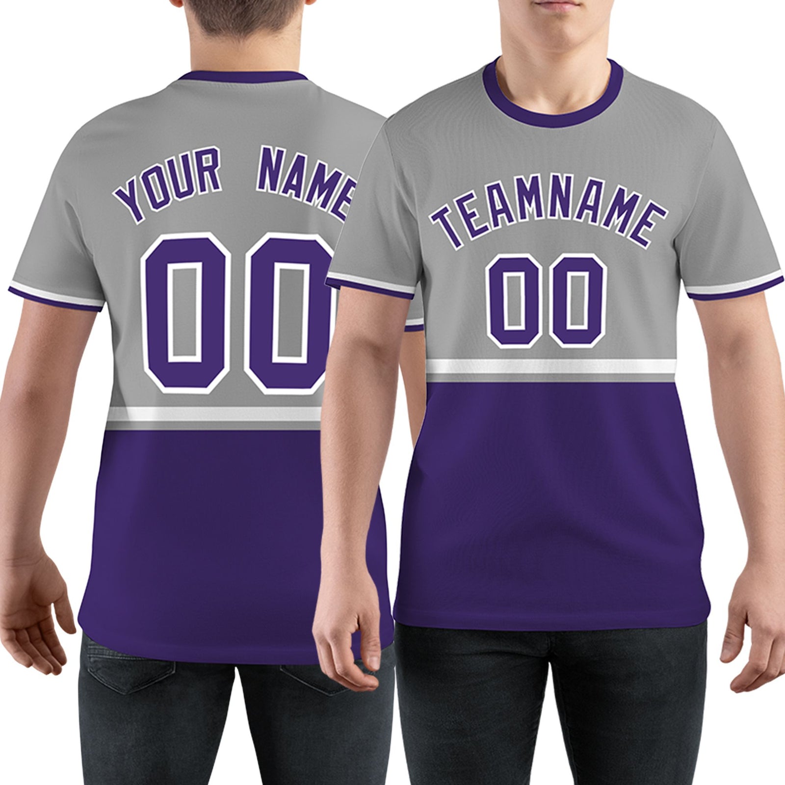 Custom Gray Purple-White Color Block Design Performance T-Shirt