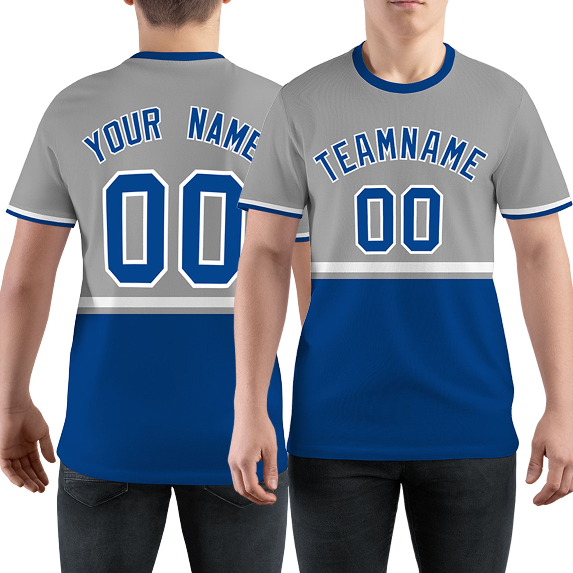 Custom Gray Royal Blue-White Color Block Design Performance T-Shirt
