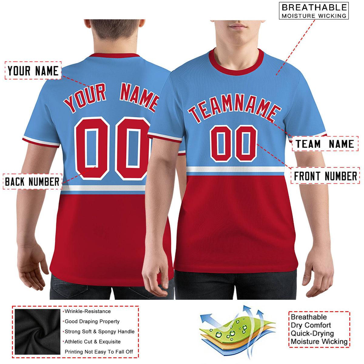Custom Light Blue Red-White Color Block Design Performance T-Shirt