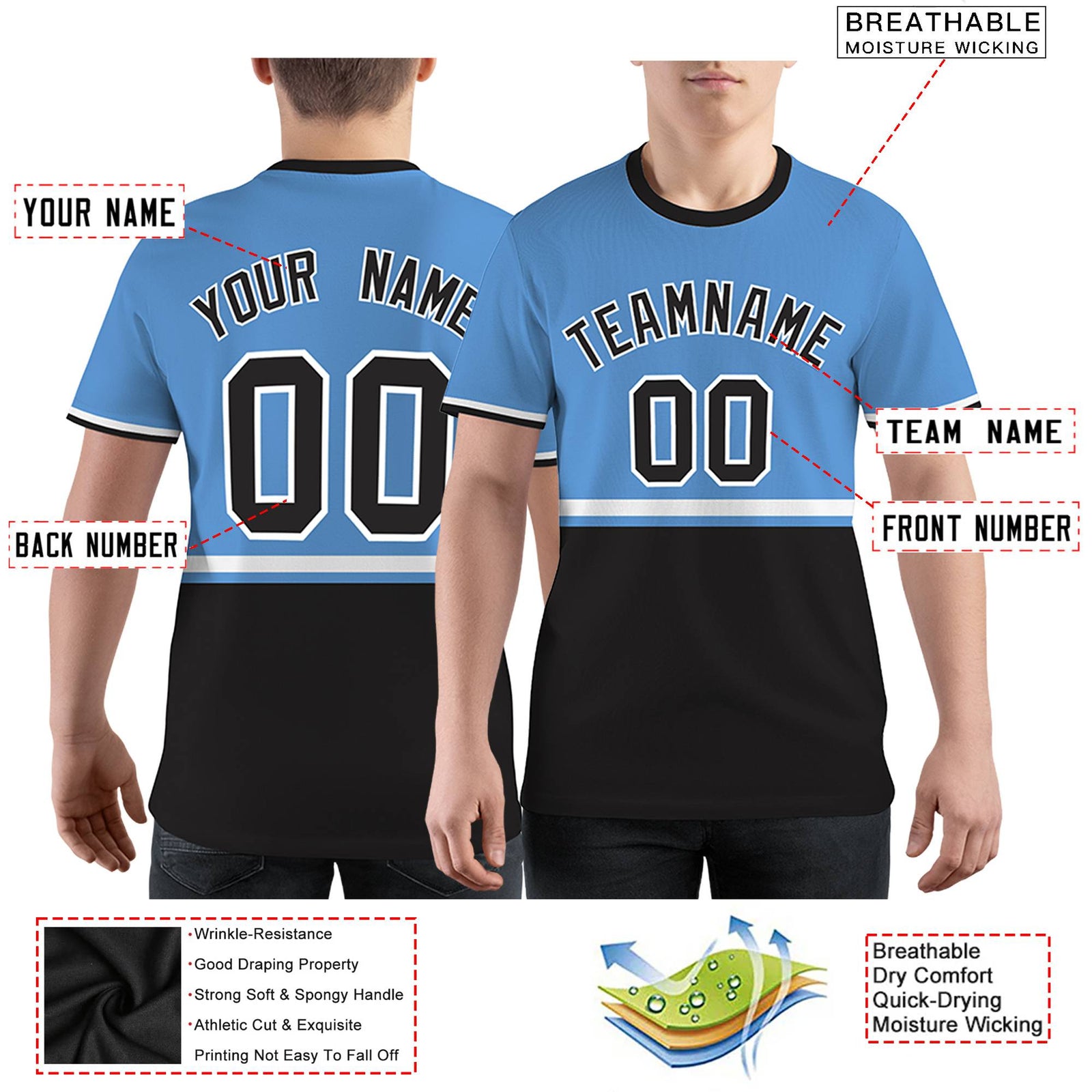 Custom Light Blue Black-White Color Block Design Performance T-Shirt