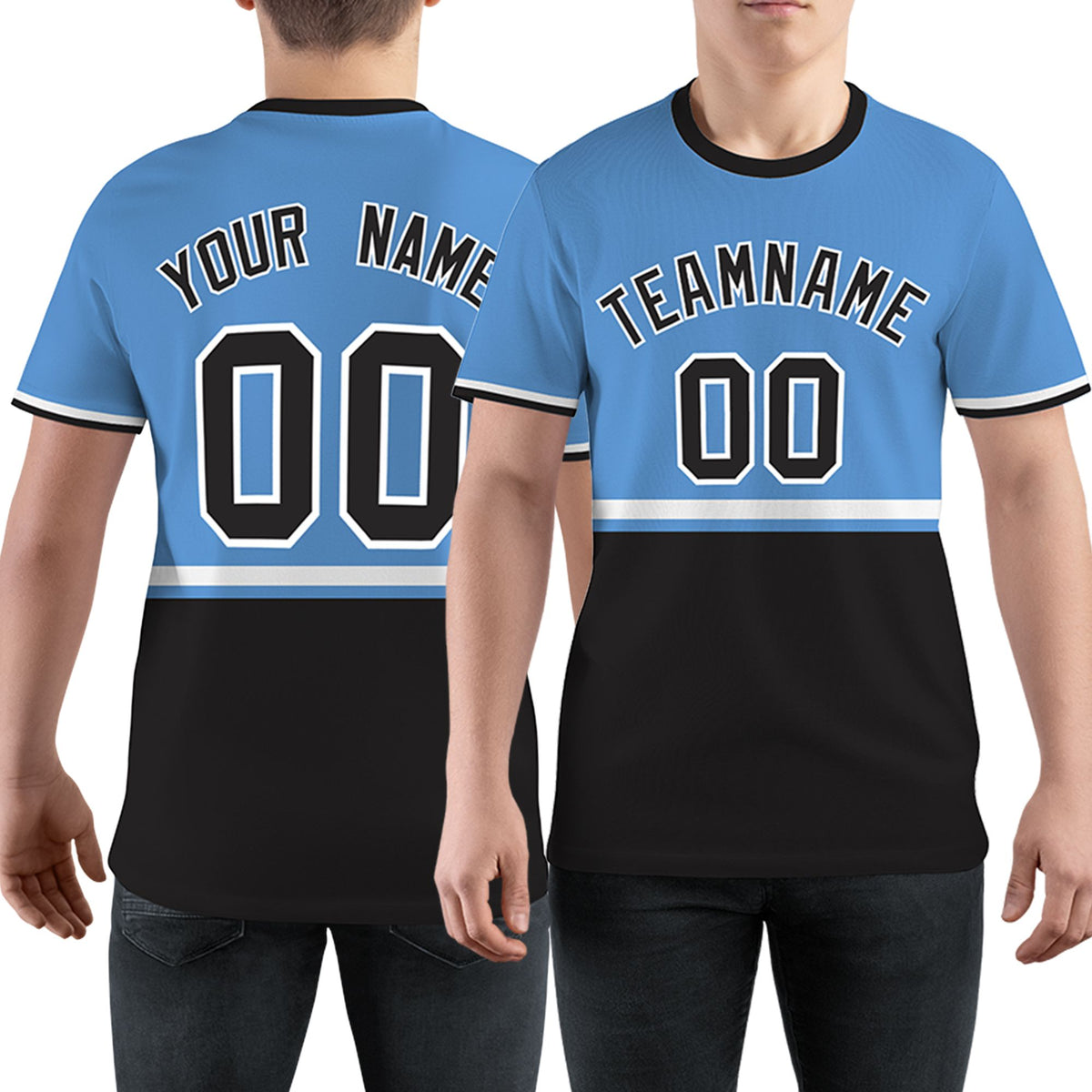 Custom Light Blue Black-White Color Block Design Performance T-Shirt