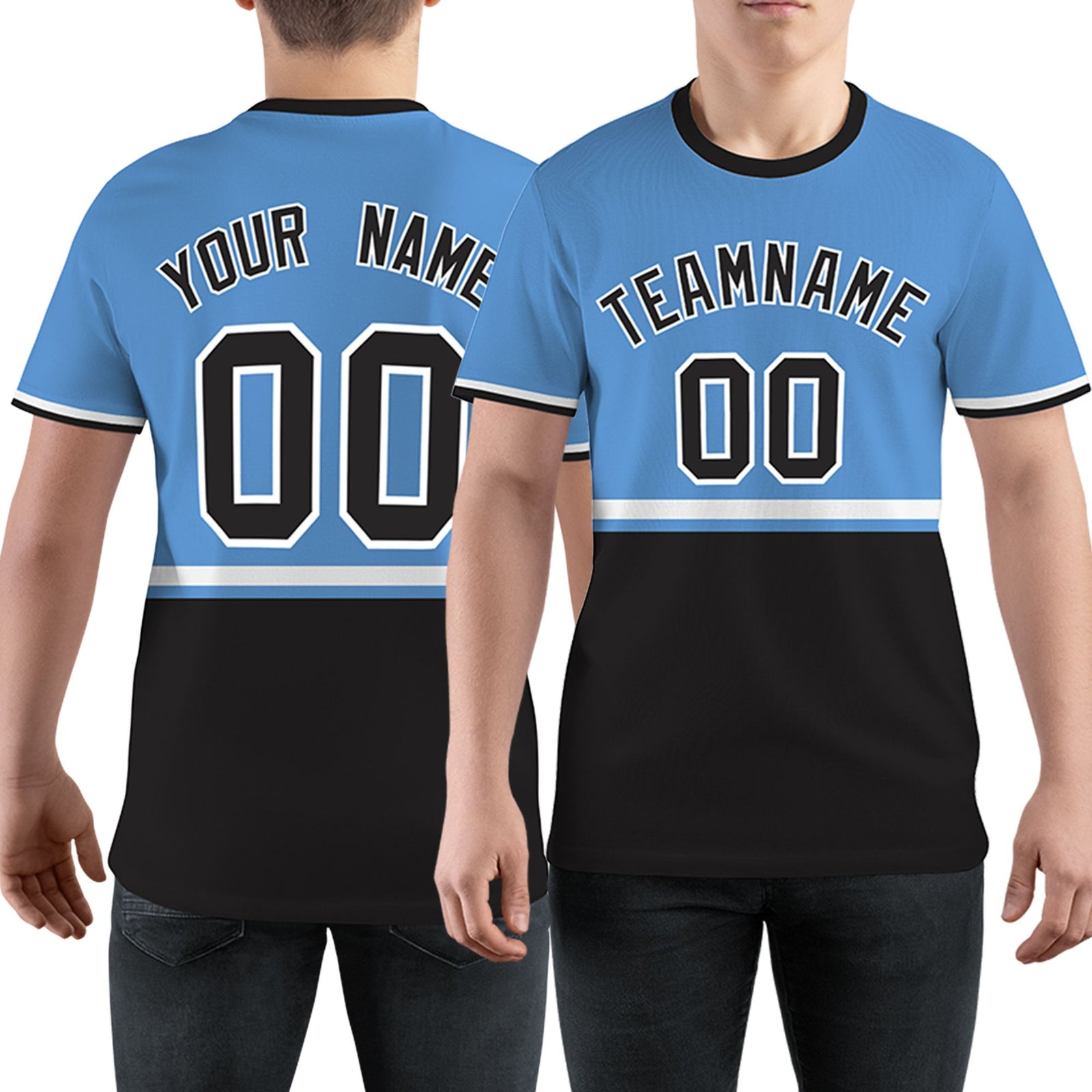 Custom Light Blue Black-White Color Block Design Performance T-Shirt