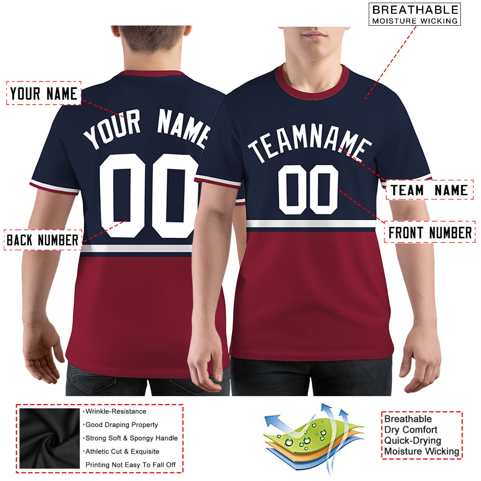 Custom Navy Crimson-White Color Block Design Performance T-Shirt