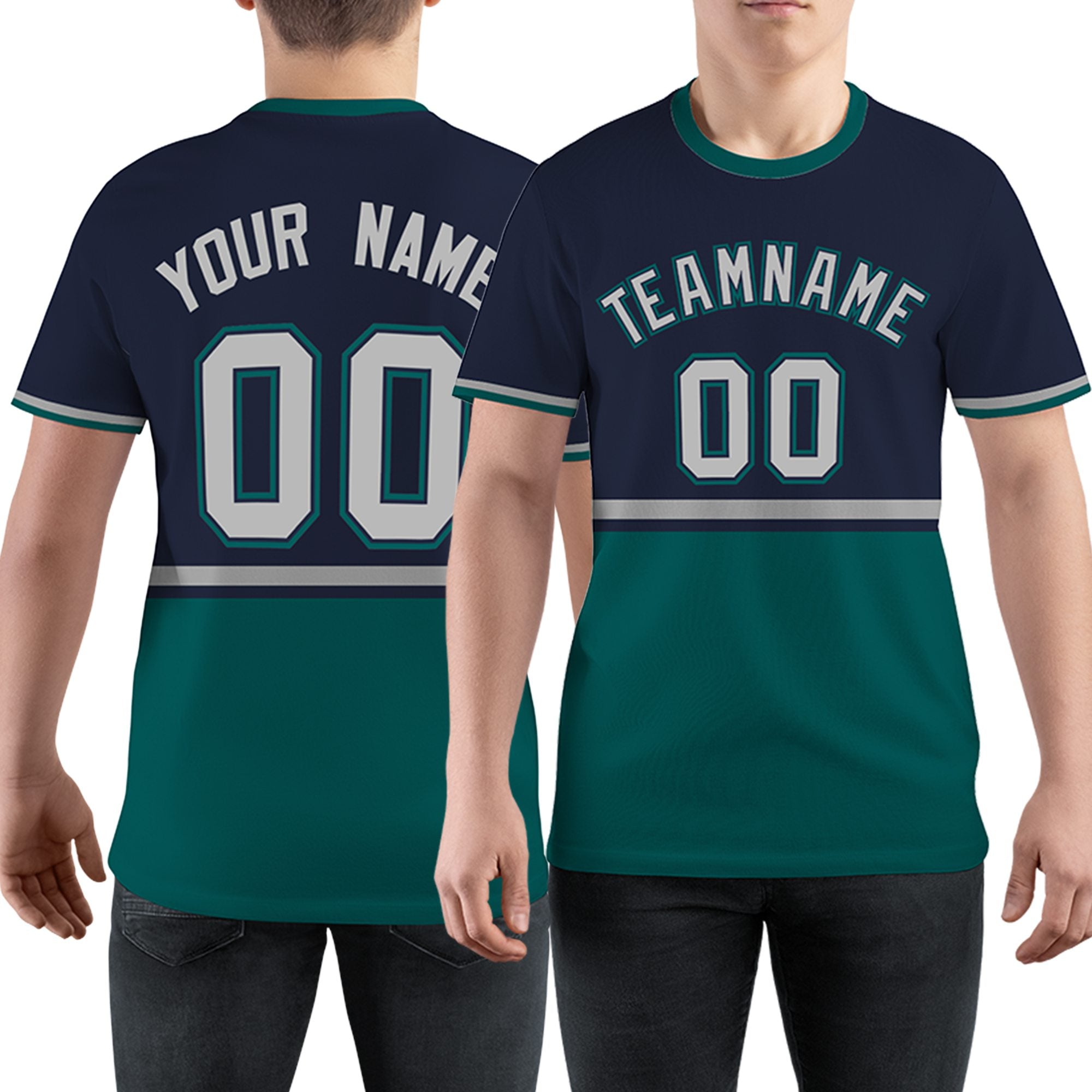 Custom Navy Midnight Green-Gray Color Block Design Performance T-Shirt