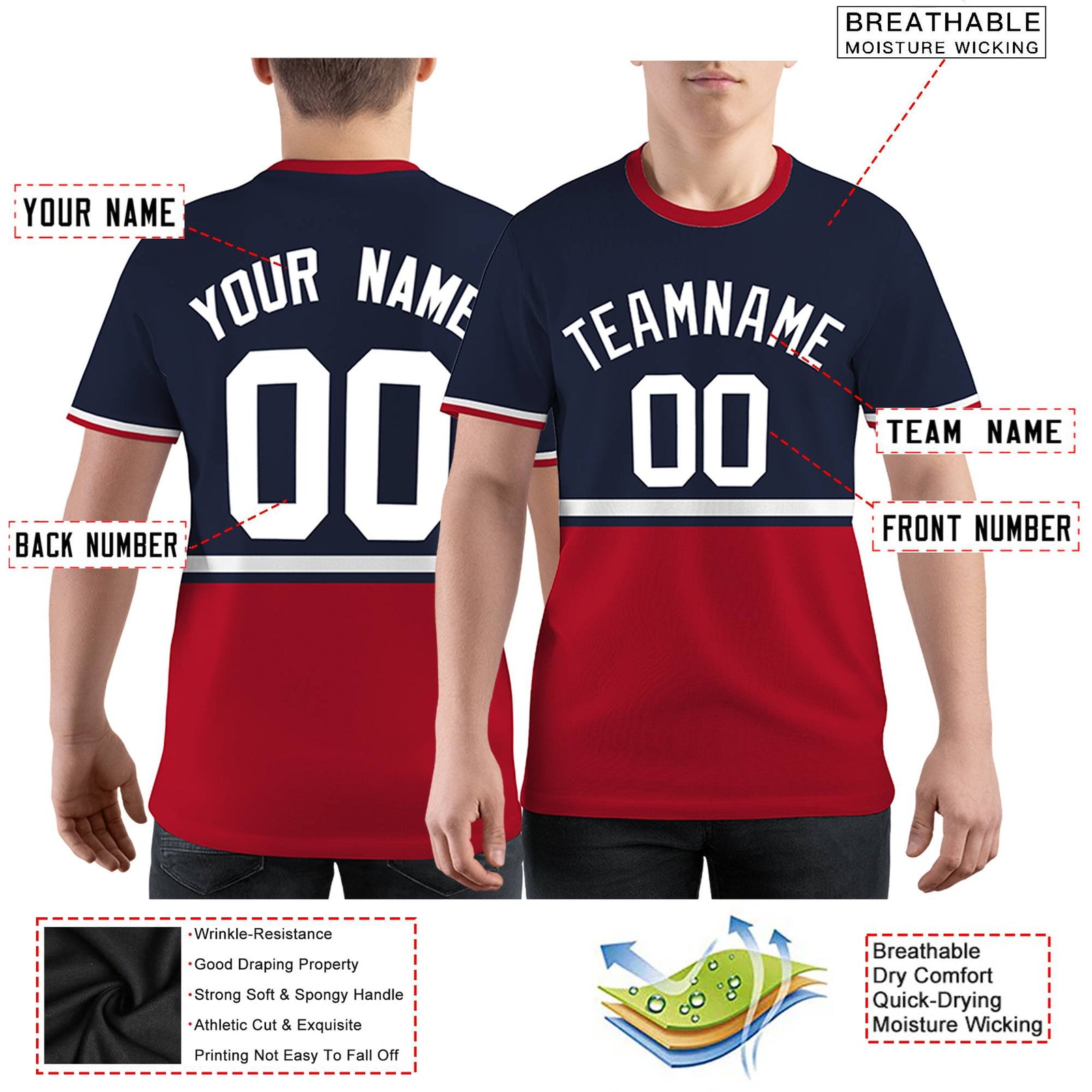 Custom Navy Red-White Color Block Design Performance T-Shirt