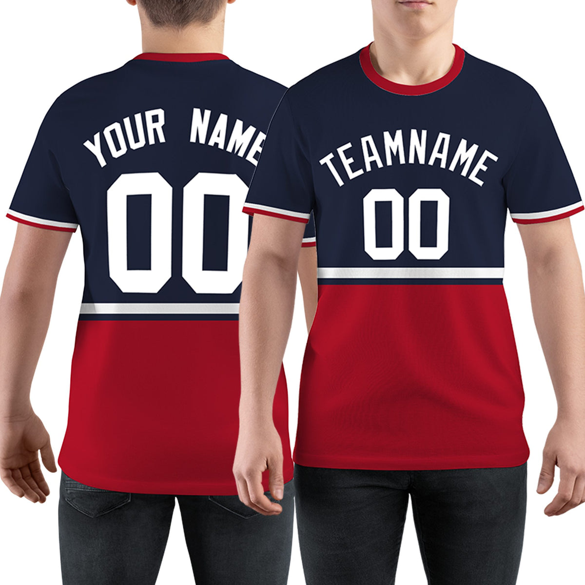 Custom Navy Red-White Color Block Design Performance T-Shirt