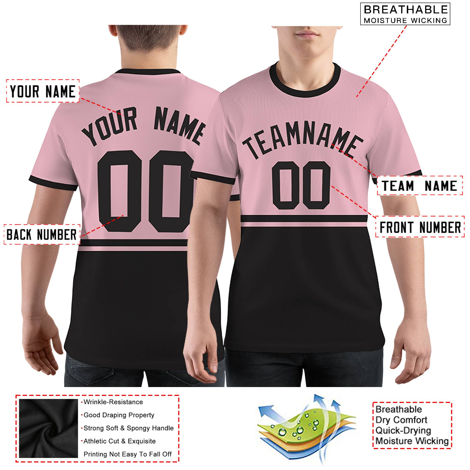 Custom Light Pink Black Color Block Design Performance T-Shirt