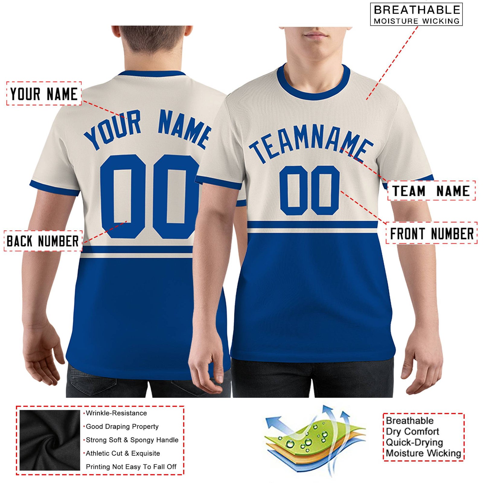 Custom Royal Blue Cream Color Block Design Performance T-Shirt