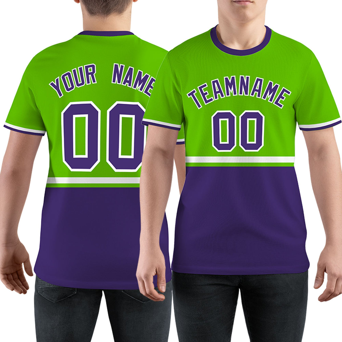 Custom Neon Green Purple-White Color Block Design Performance T-Shirt