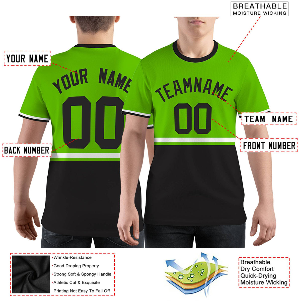 Custom Neon Green Black-White Color Block Design Performance T-Shirt