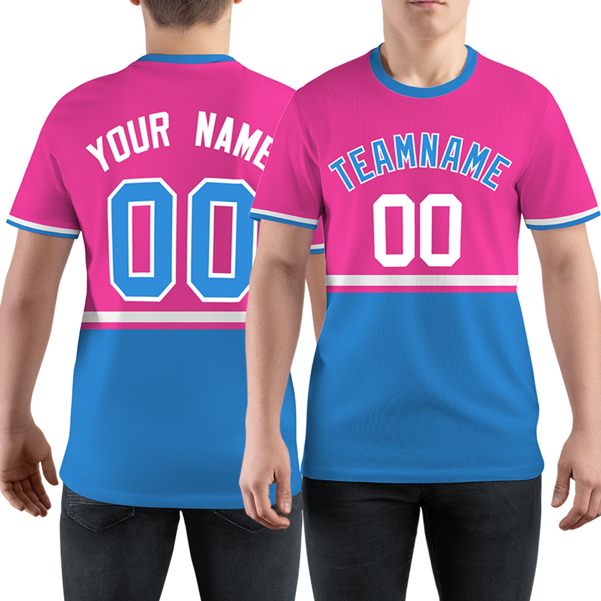 Custom Pink Powder Blue-White Color Block Design Performance T-Shirt