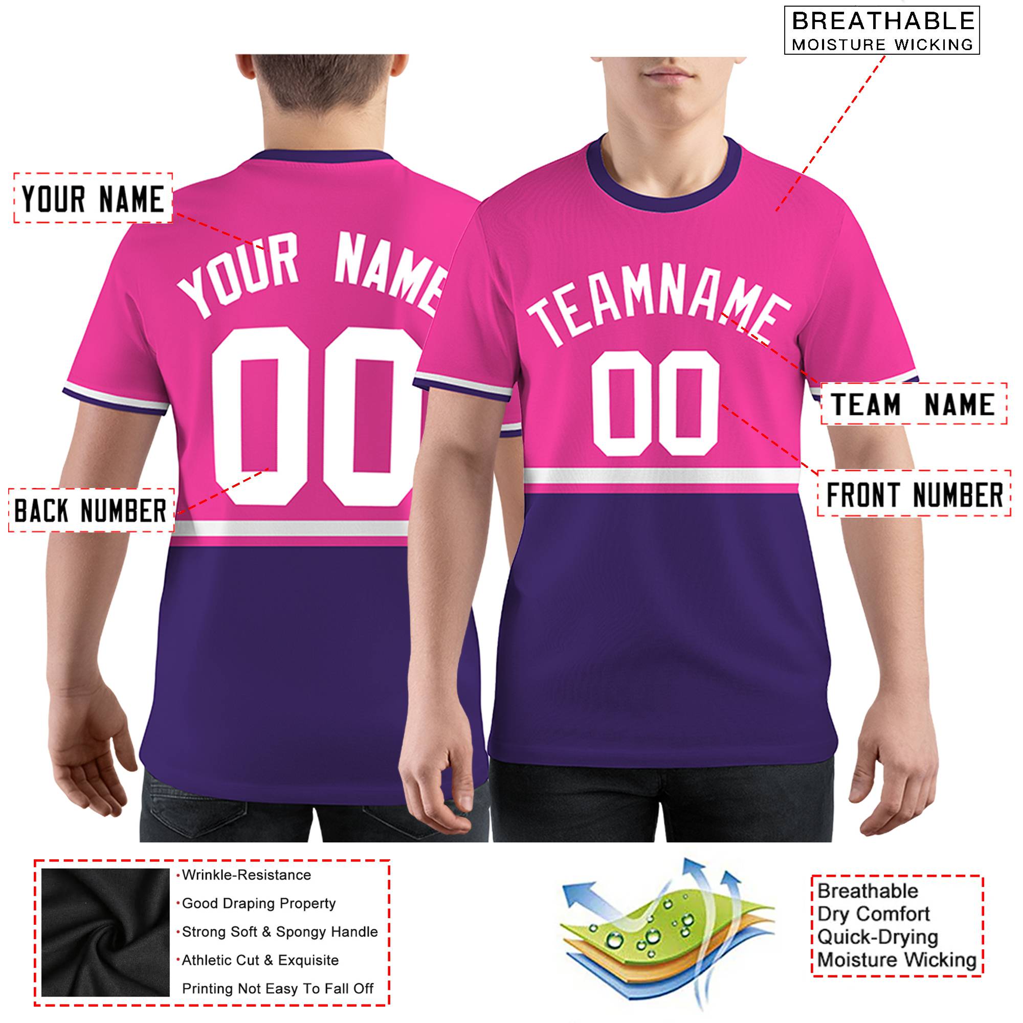 Custom Pink Purple-White Color Block Design Performance T-Shirt