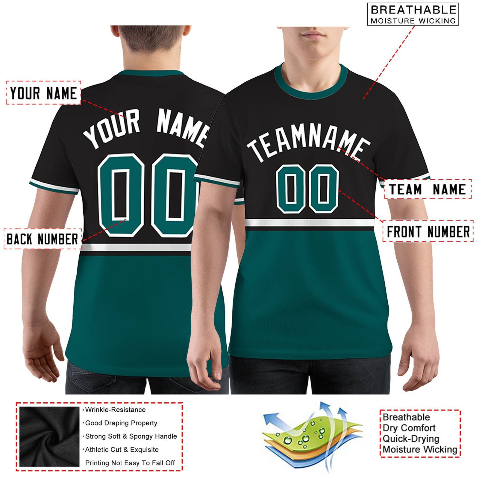 Custom Black Midnight Green-White Color Block Design Performance T-Shirt