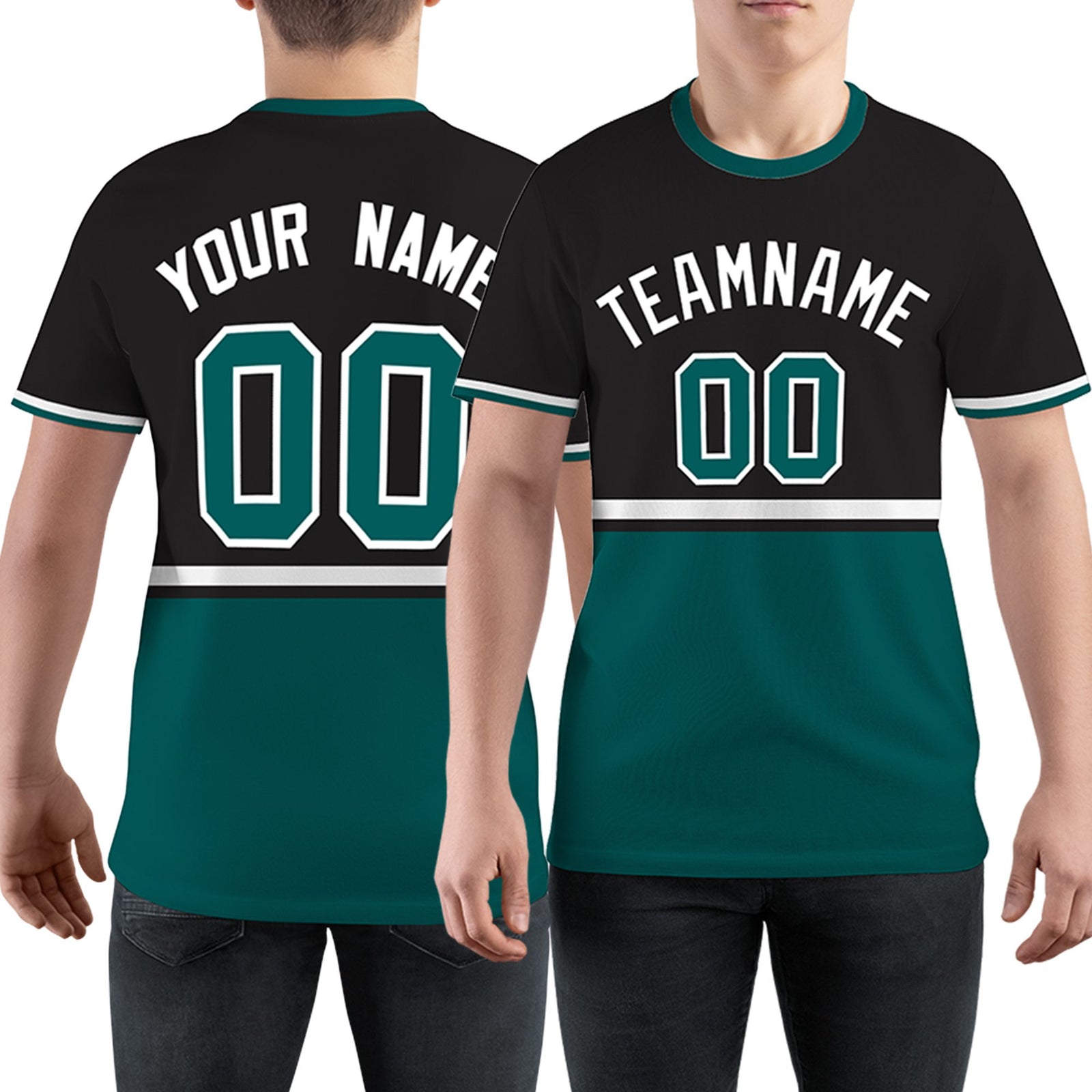 Custom Black Midnight Green-White Color Block Design Performance T-Shirt