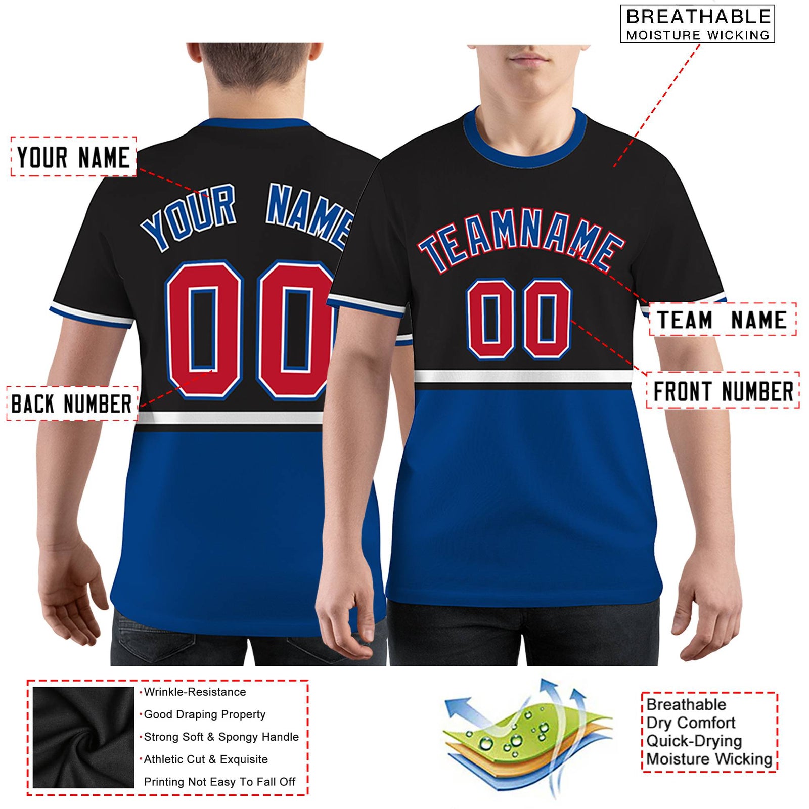 Custom Black Royal Blue-White Color Block Design Performance T-Shirt