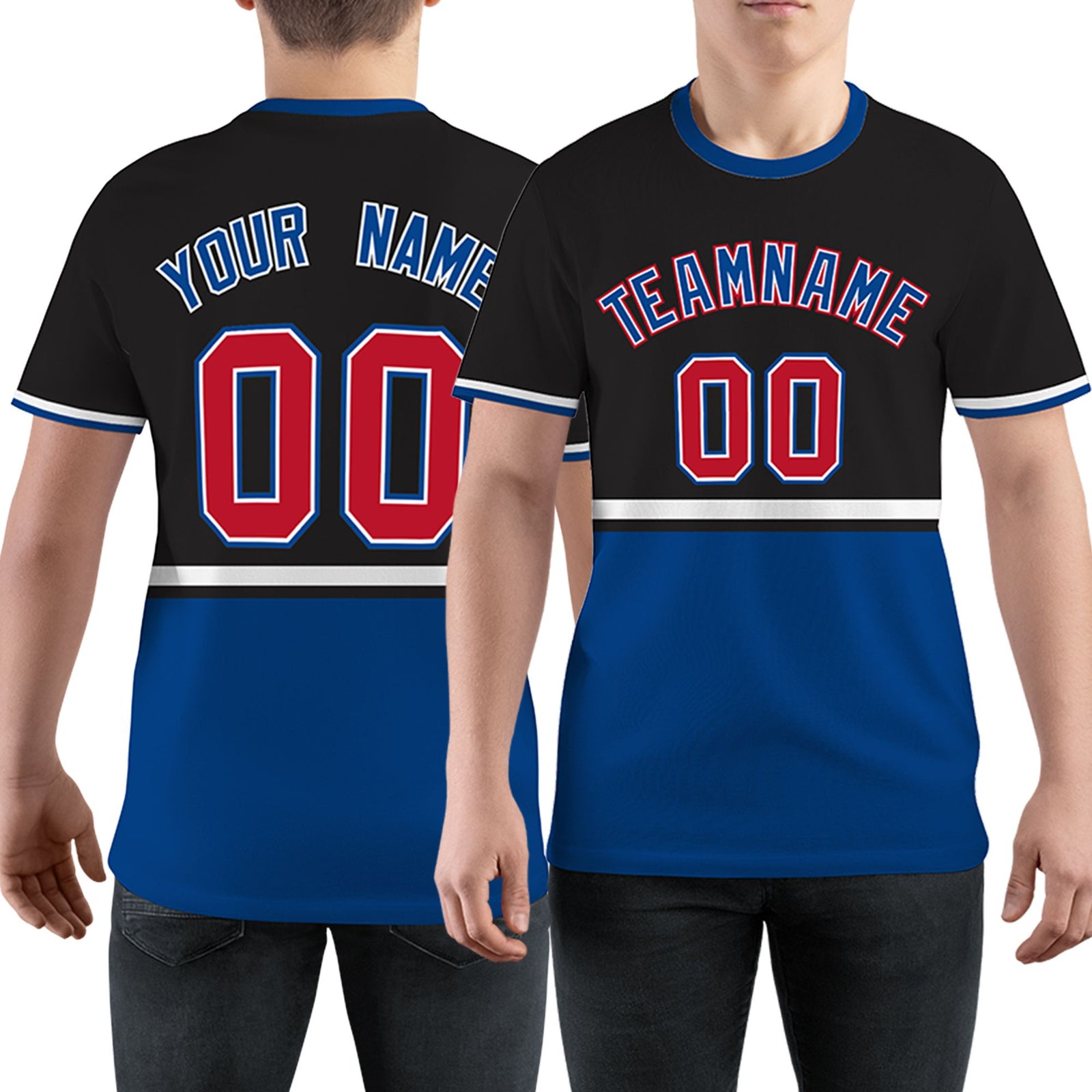 Custom Black Royal Blue-White Color Block Design Performance T-Shirt