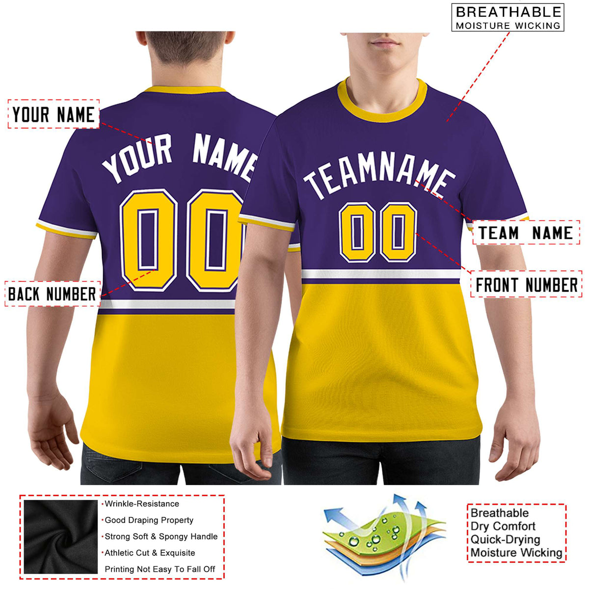 Custom Purple Gold01-White Color Block Design Performance T-Shirt