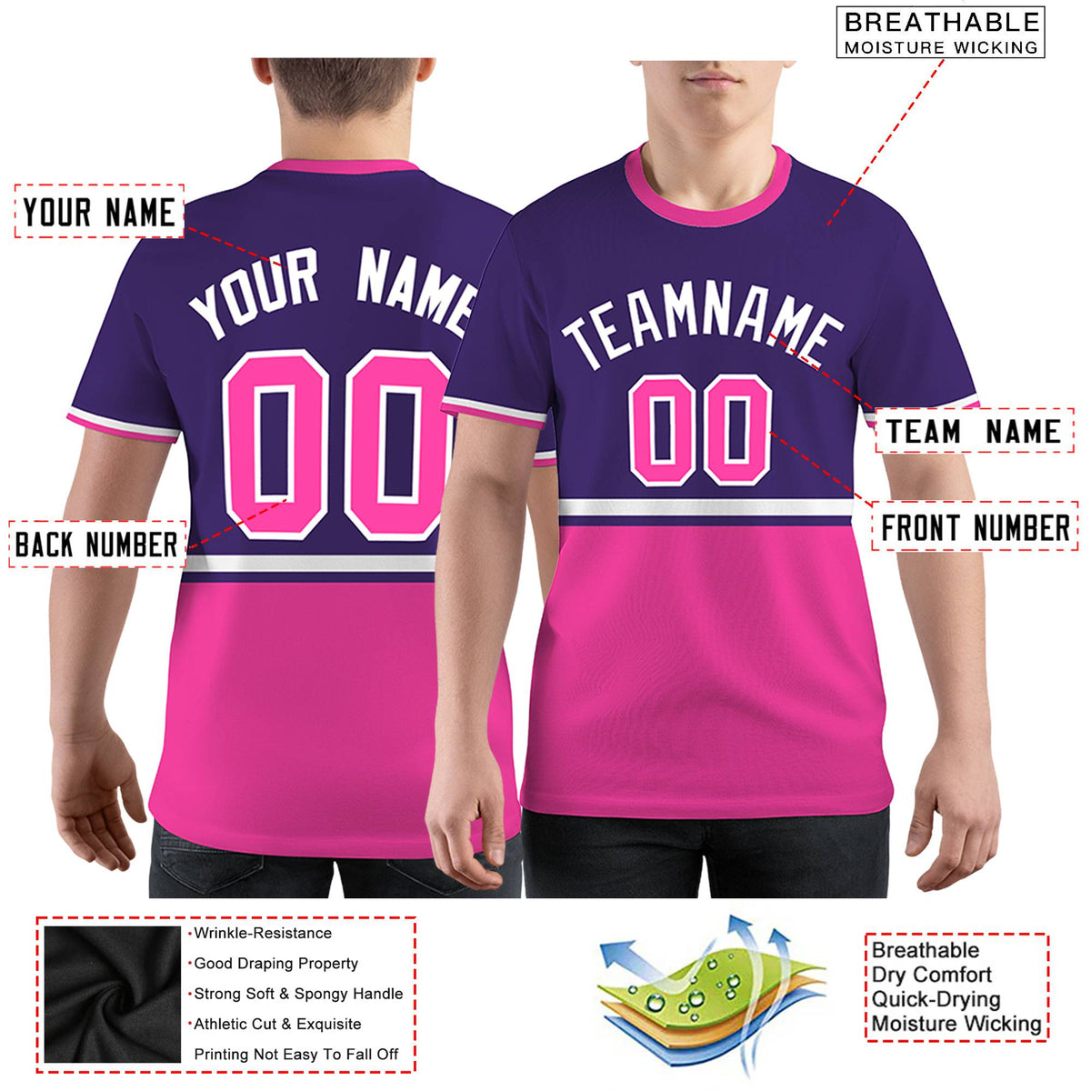Custom Purple Pink-White Color Block Design Performance T-Shirt