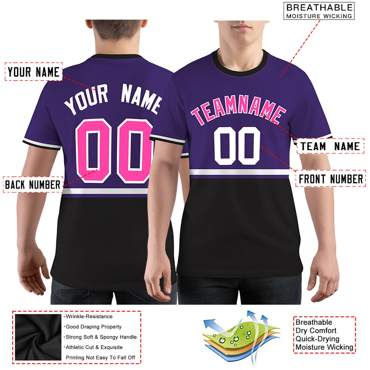Custom Purple Black-White Color Block Design Performance T-Shirt