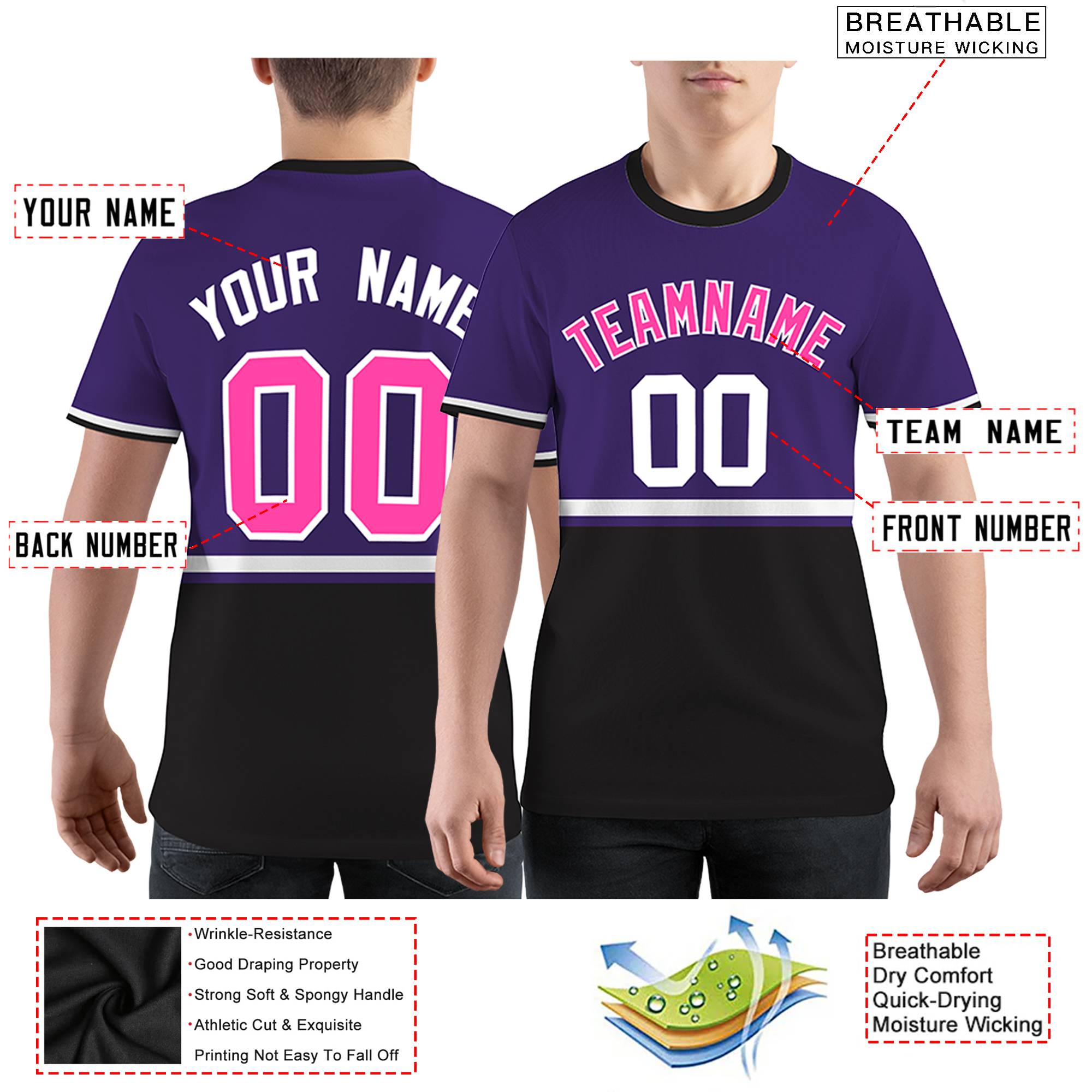 Custom Purple Black-White Color Block Design Performance T-Shirt