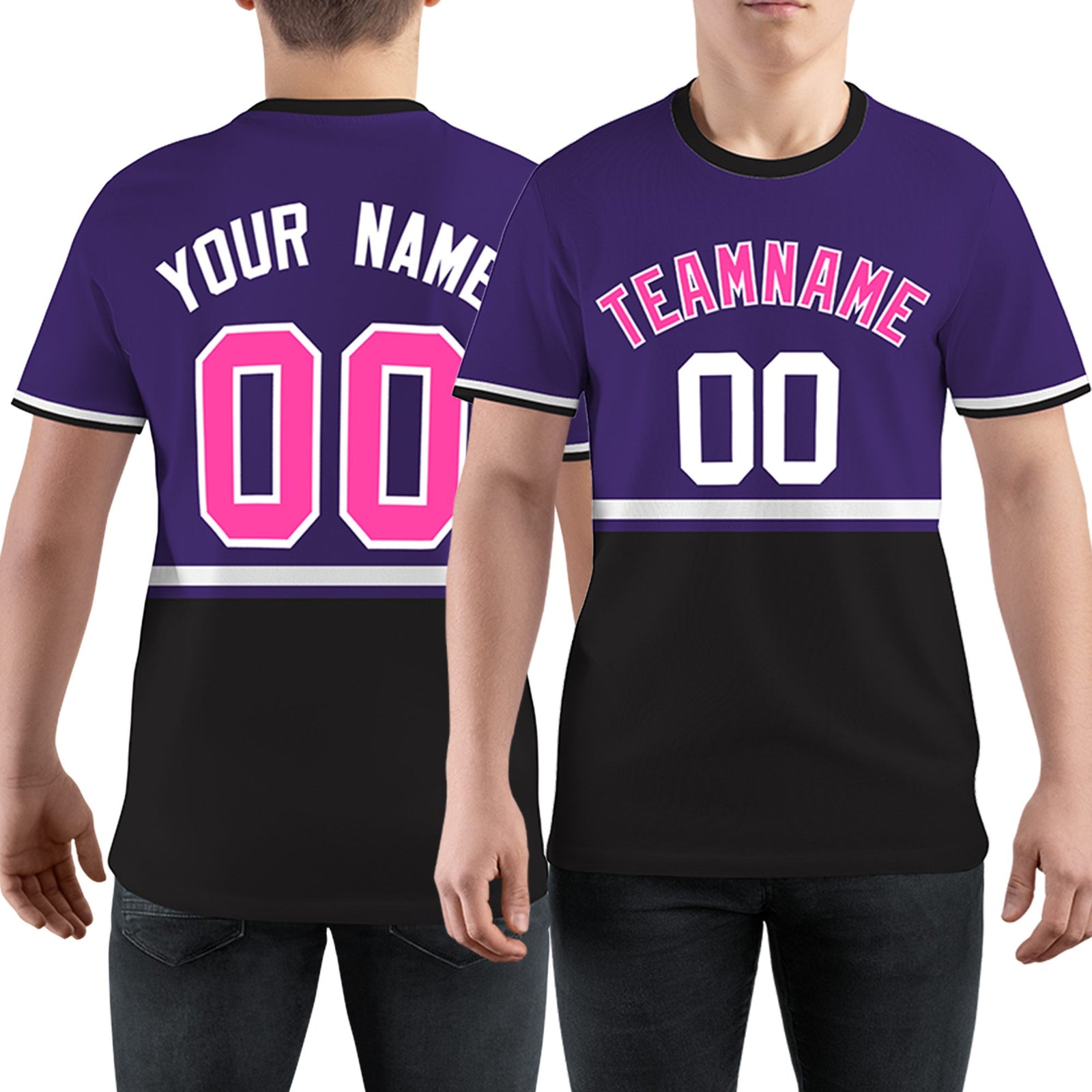 Custom Purple Black-White Color Block Design Performance T-Shirt