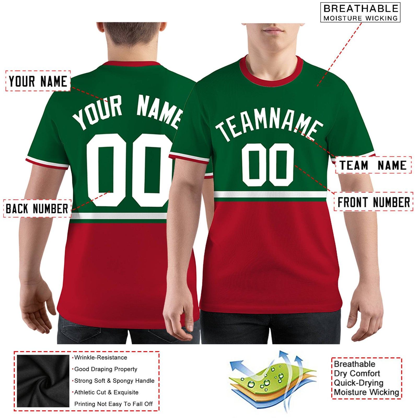 Custom Kelly Green Red-White Color Block Design Performance T-Shirt