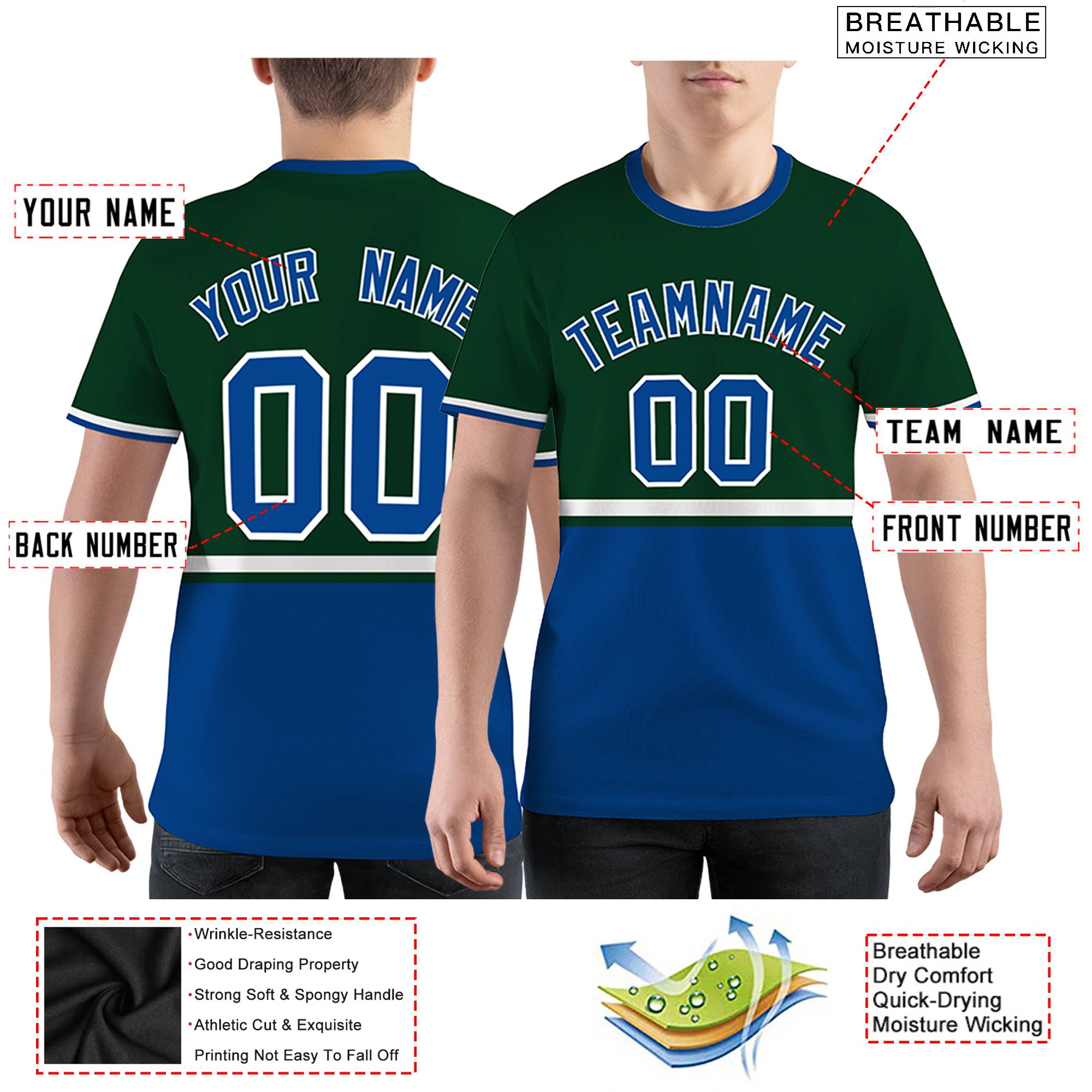 Custom Green Royal Blue-White Color Block Design Performance T-Shirt