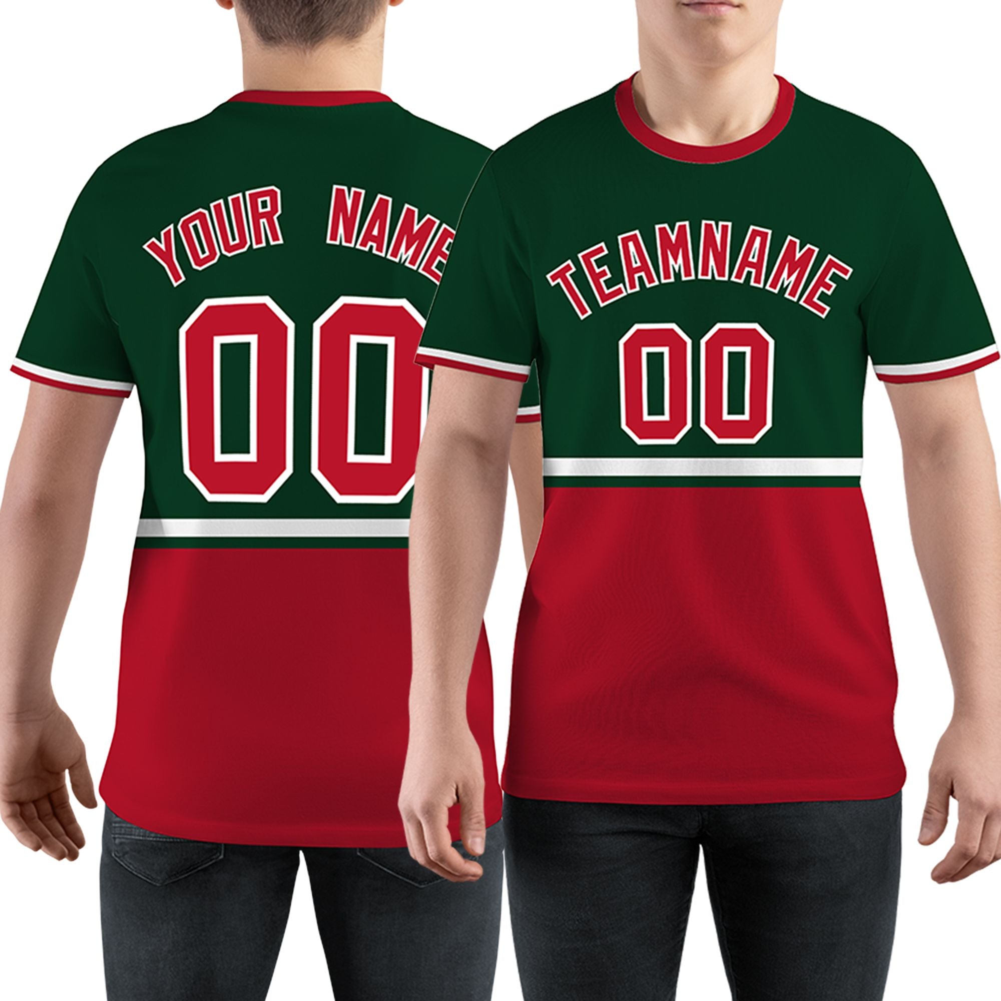 Custom Green Red-White Color Block Design Performance T-Shirt