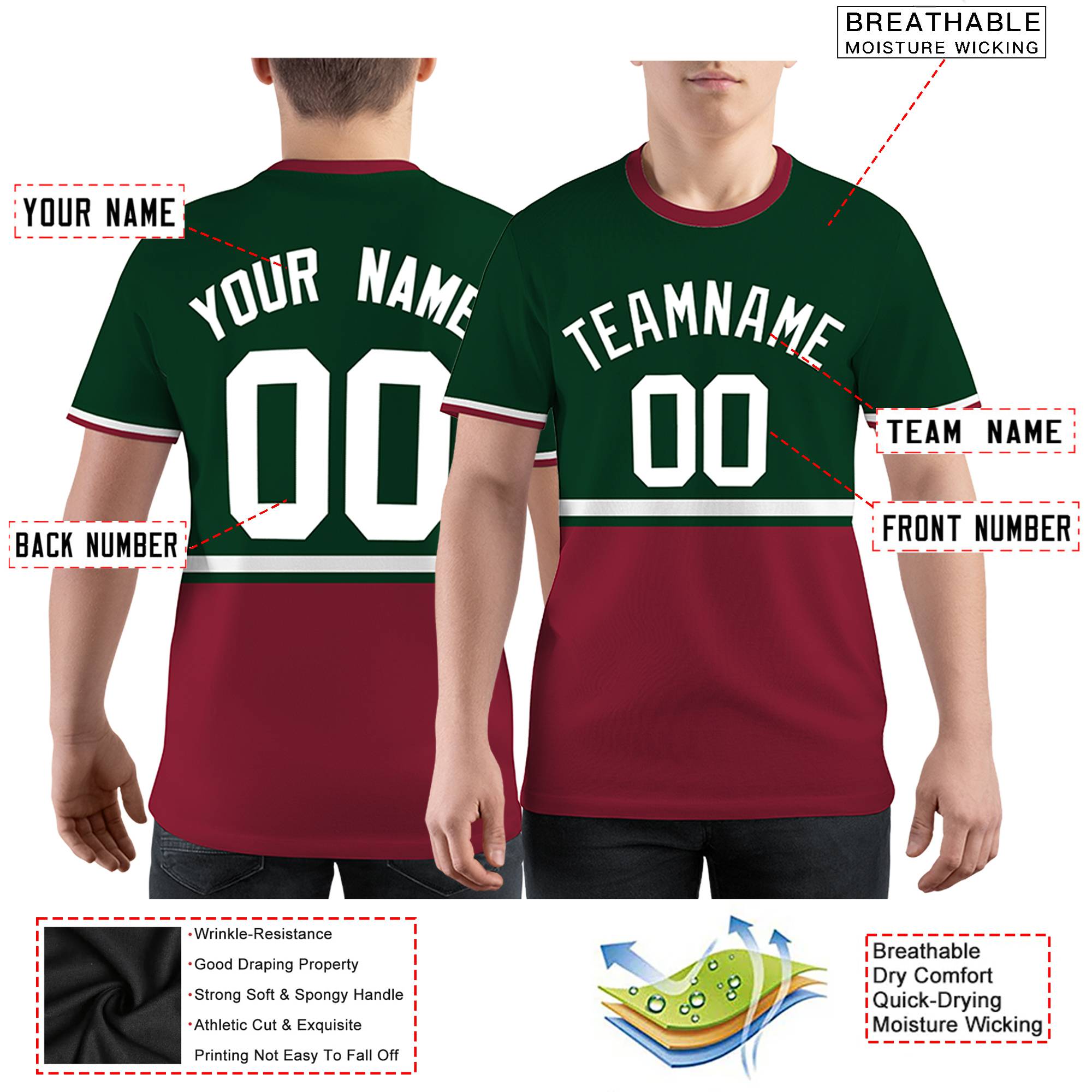 Custom Green Crimson-White Color Block Design Performance T-Shirt