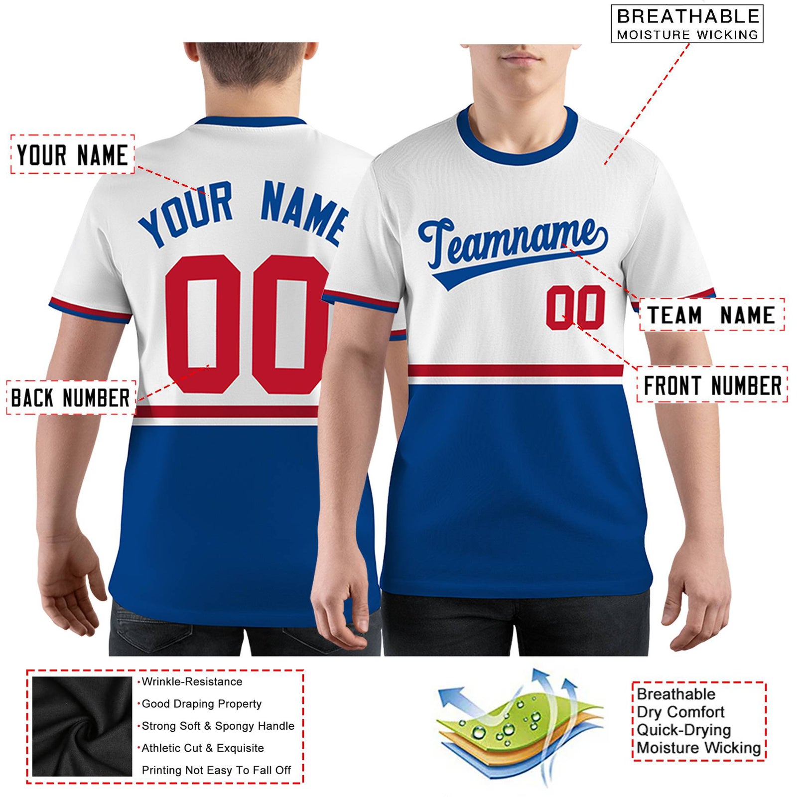 Custom White Royal Blue-Red Color Block Design Performance T-Shirt