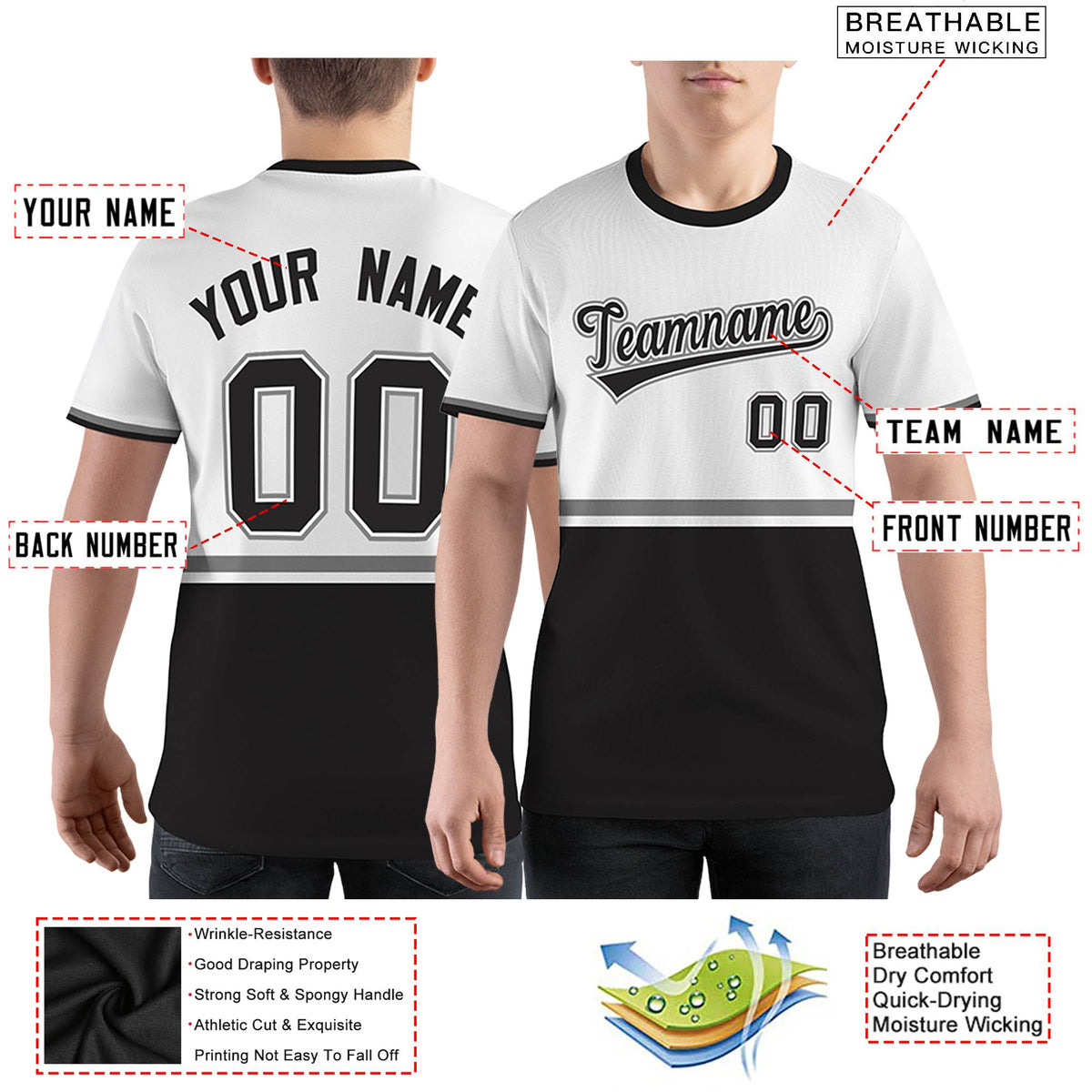 Custom White Black-Gray Color Block Design Performance T-Shirt