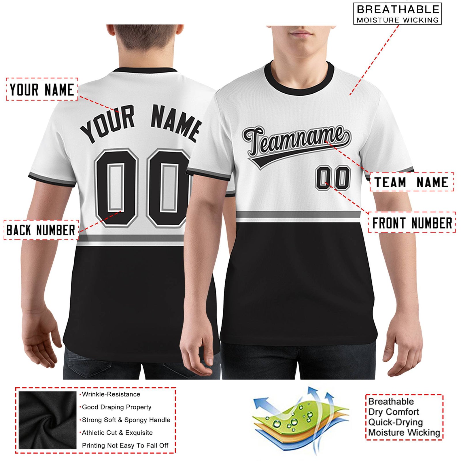 Custom White Black-Gray Color Block Design Performance T-Shirt