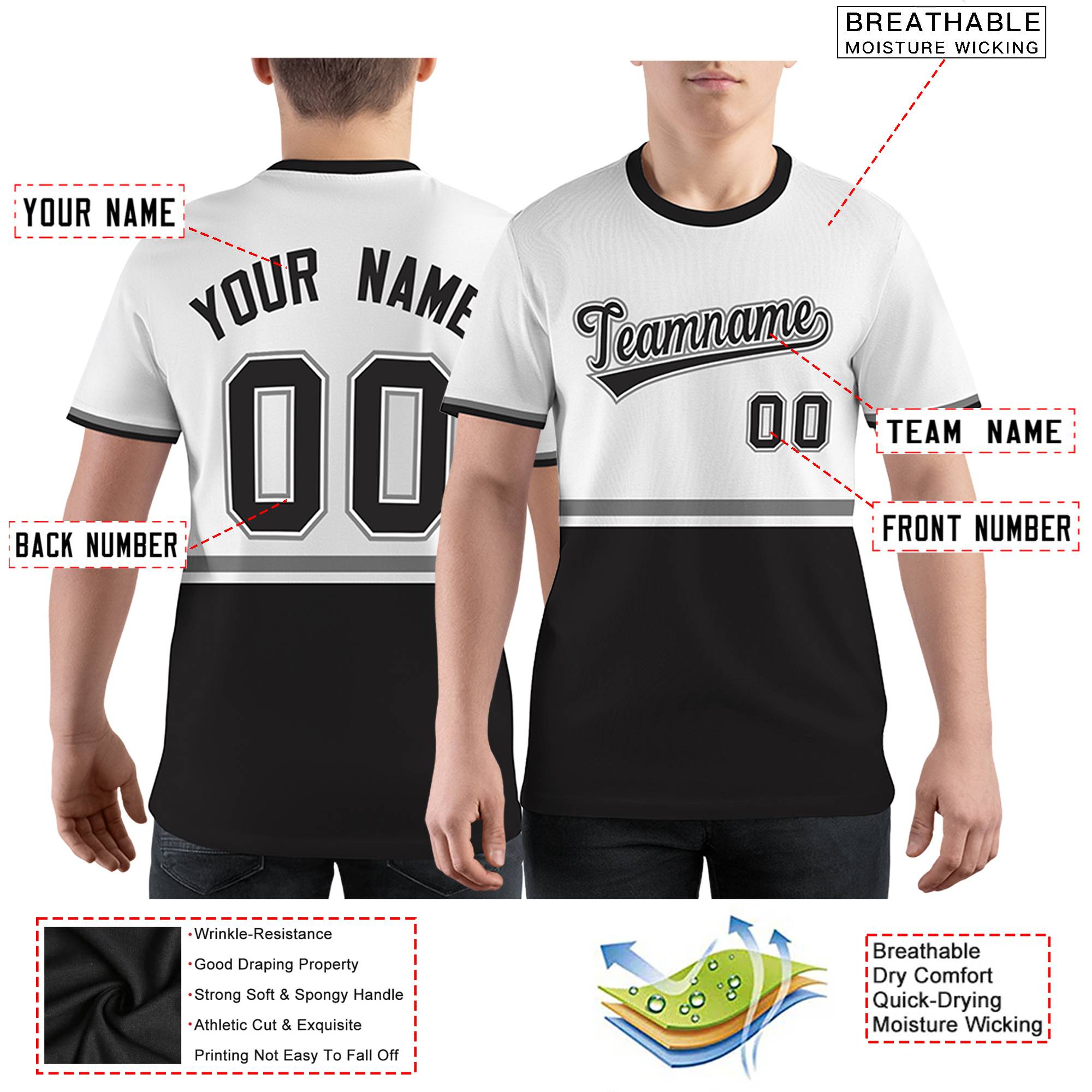Custom White Black-Gray Color Block Design Performance T-Shirt