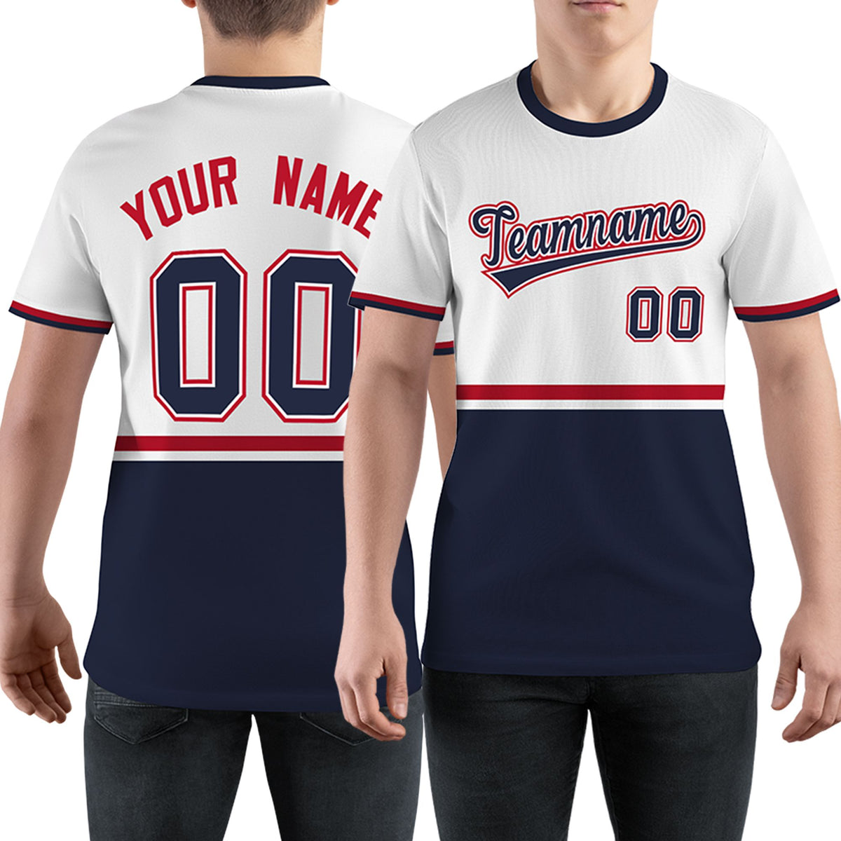 Custom White Navy-Red Color Block Design Performance T-Shirt
