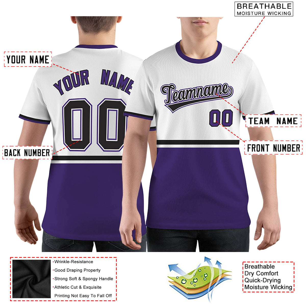 Custom White Purple-Black Color Block Design Performance T-Shirt