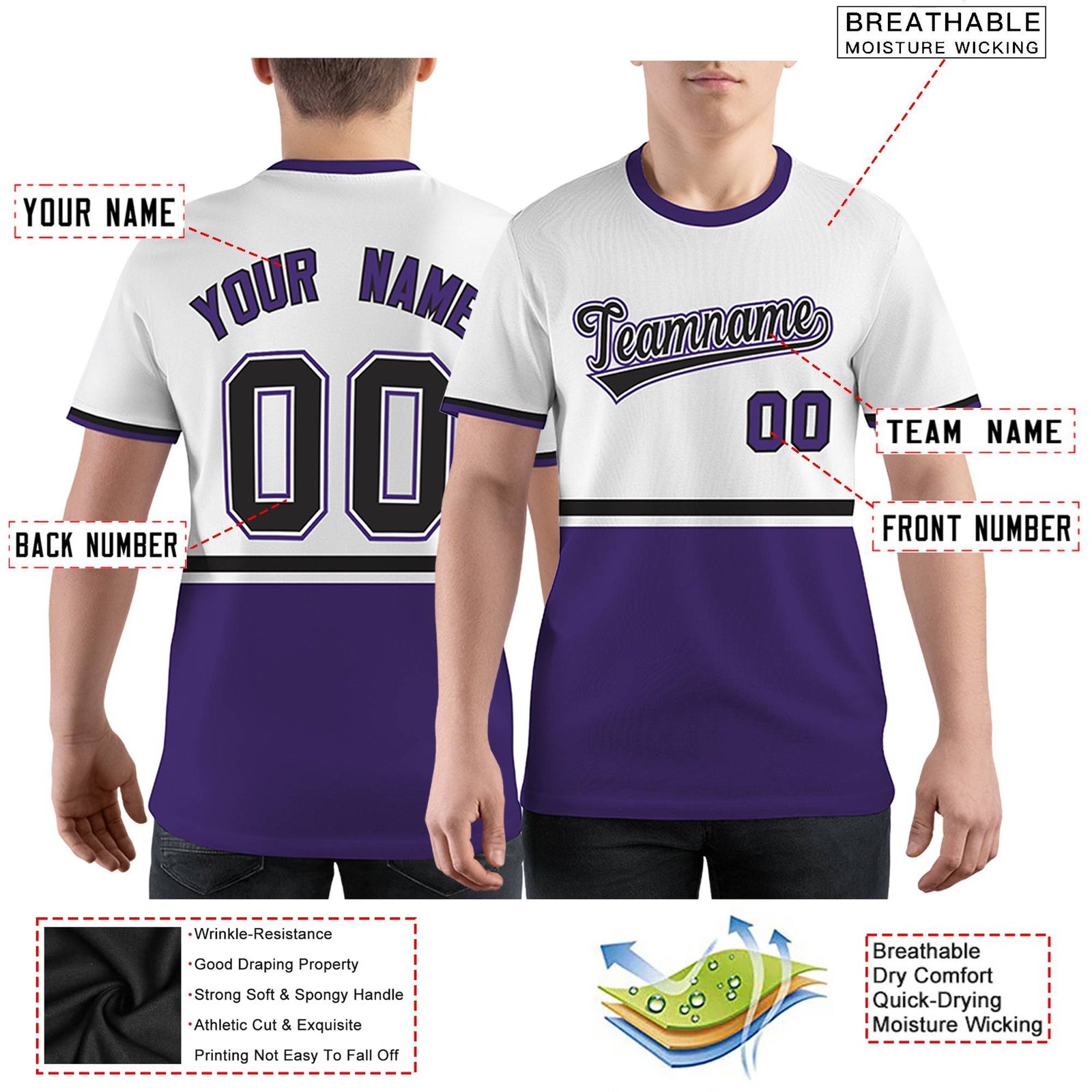 Custom White Purple-Black Color Block Design Performance T-Shirt