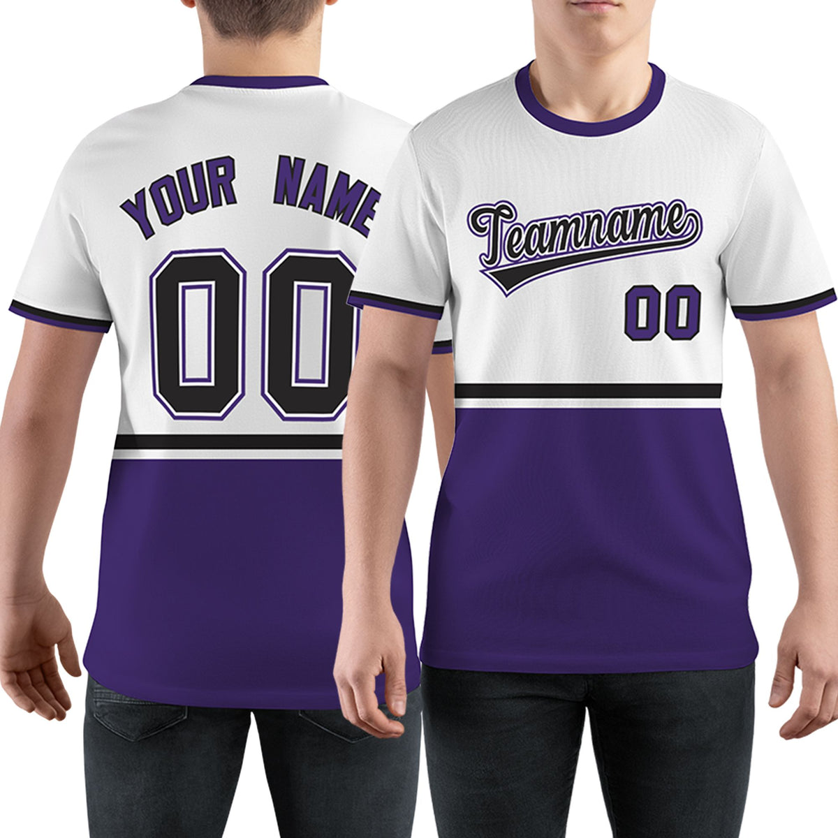 Custom White Purple-Black Color Block Design Performance T-Shirt