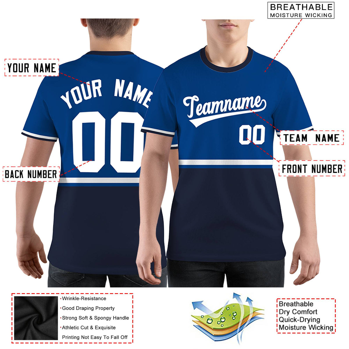 Custom Royal Blue Navy-White Color Block Design Performance T-Shirt
