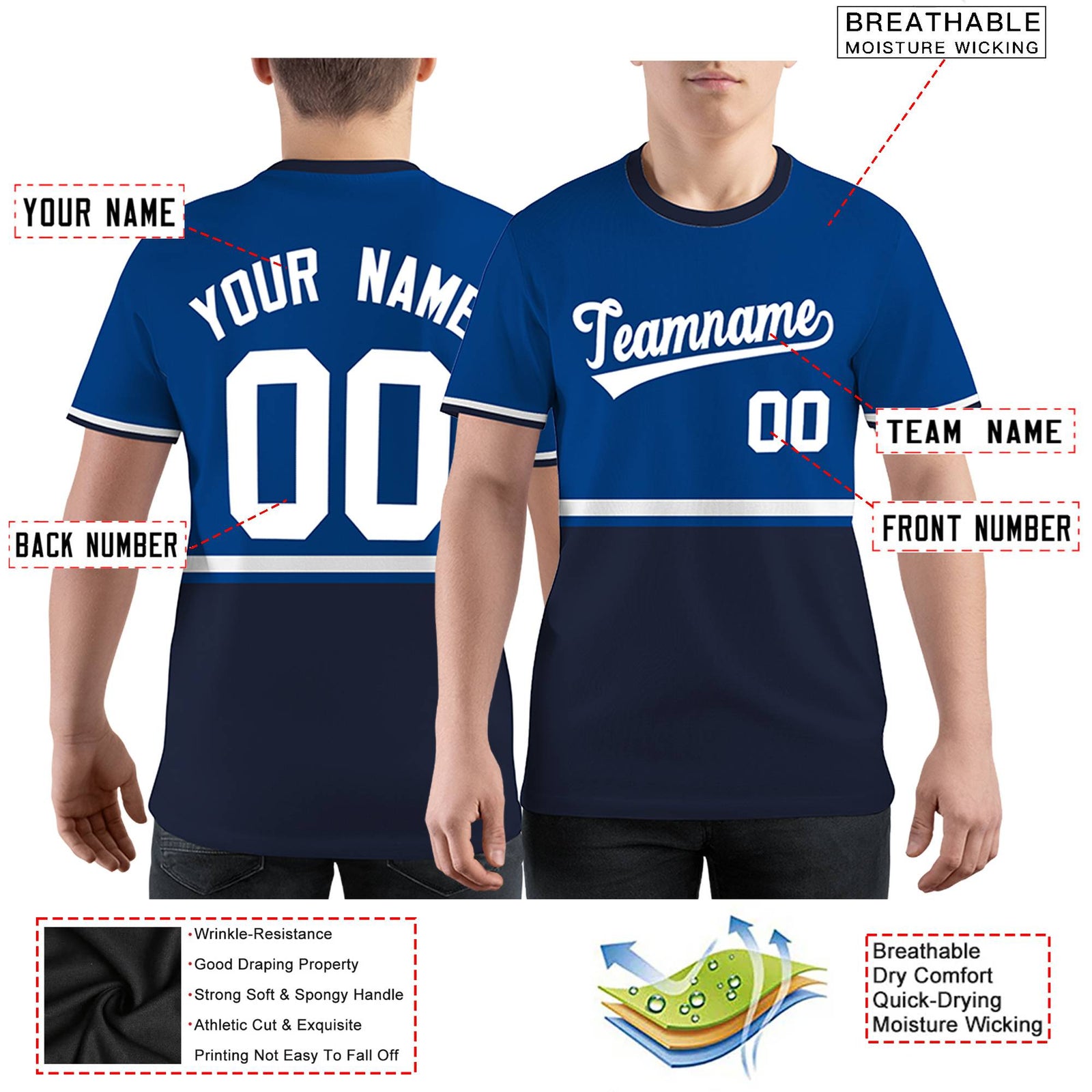 Custom Royal Blue Navy-White Color Block Design Performance T-Shirt