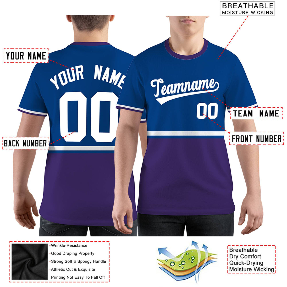 Custom Royal Blue Purple-White Color Block Design Performance T-Shirt