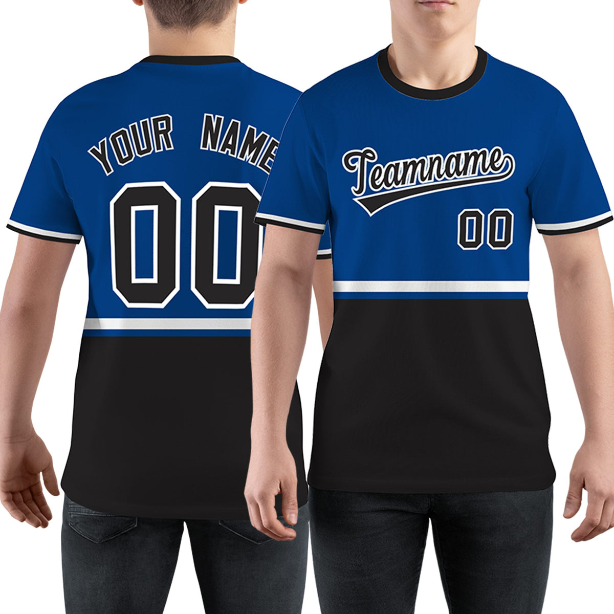 Custom Royal Blue Black-White Color Block Design Performance T-Shirt