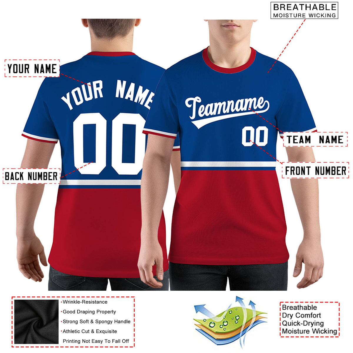 Custom Royal Blue Red-White Color Block Design Performance T-Shirt