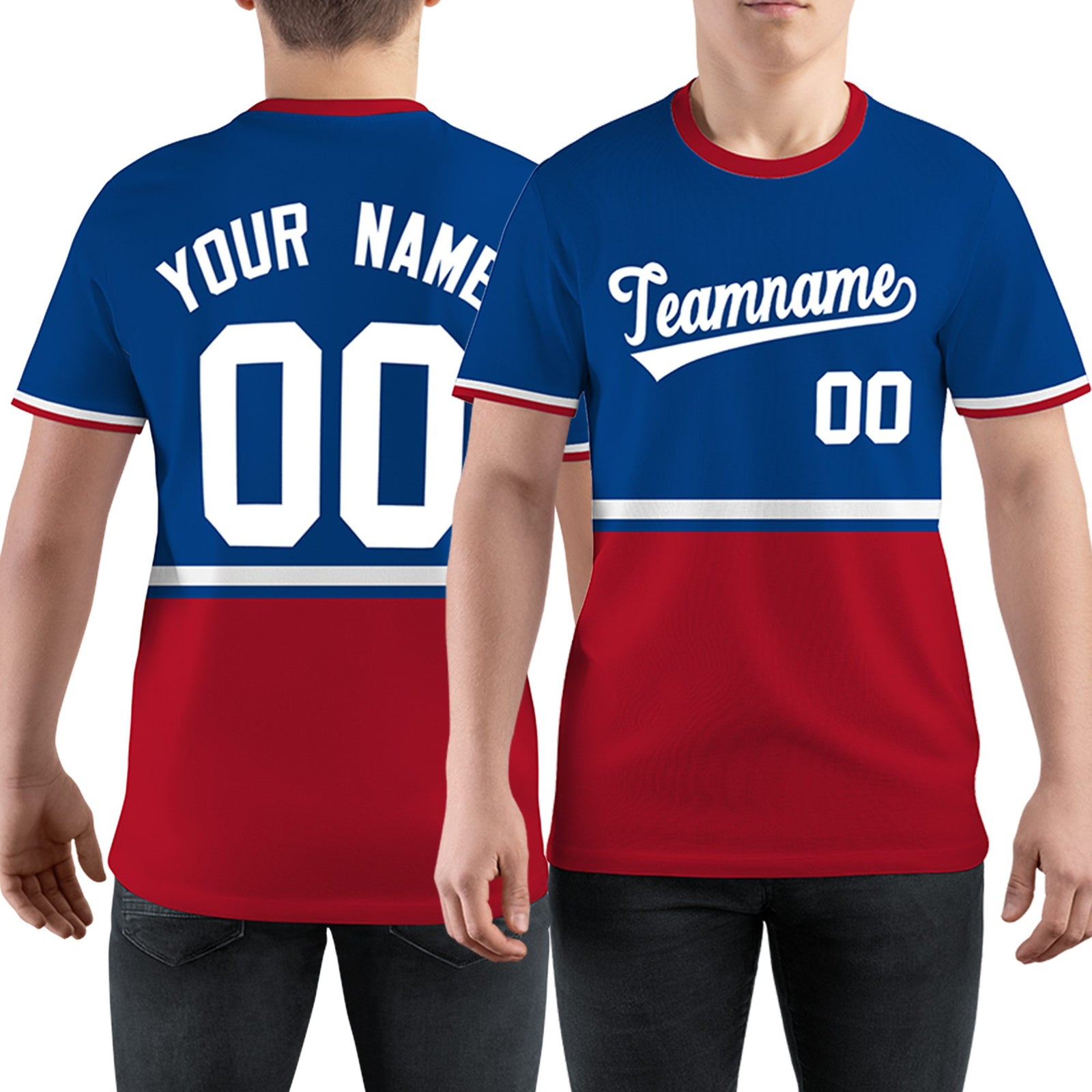 Custom Royal Blue Red-White Color Block Design Performance T-Shirt