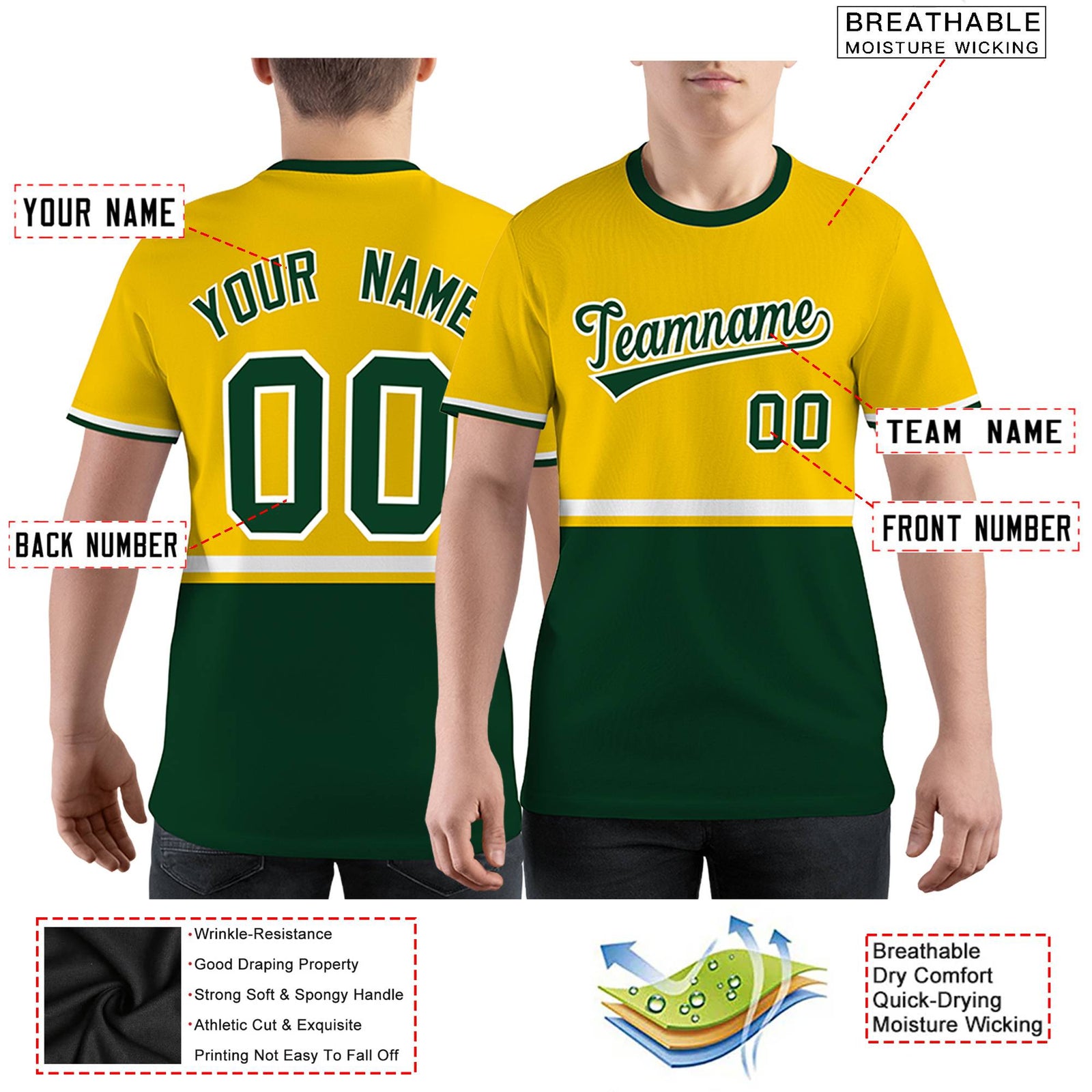 Custom Gold01 Kelly Green-White Color Block Design Performance T-Shirt