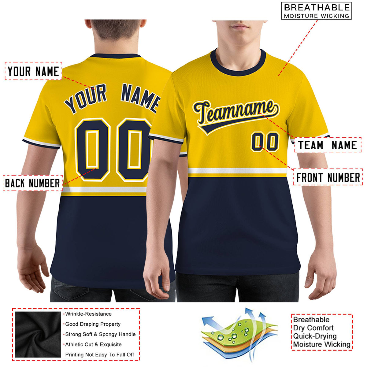 Custom Gold01 Navy-White Color Block Design Performance T-Shirt