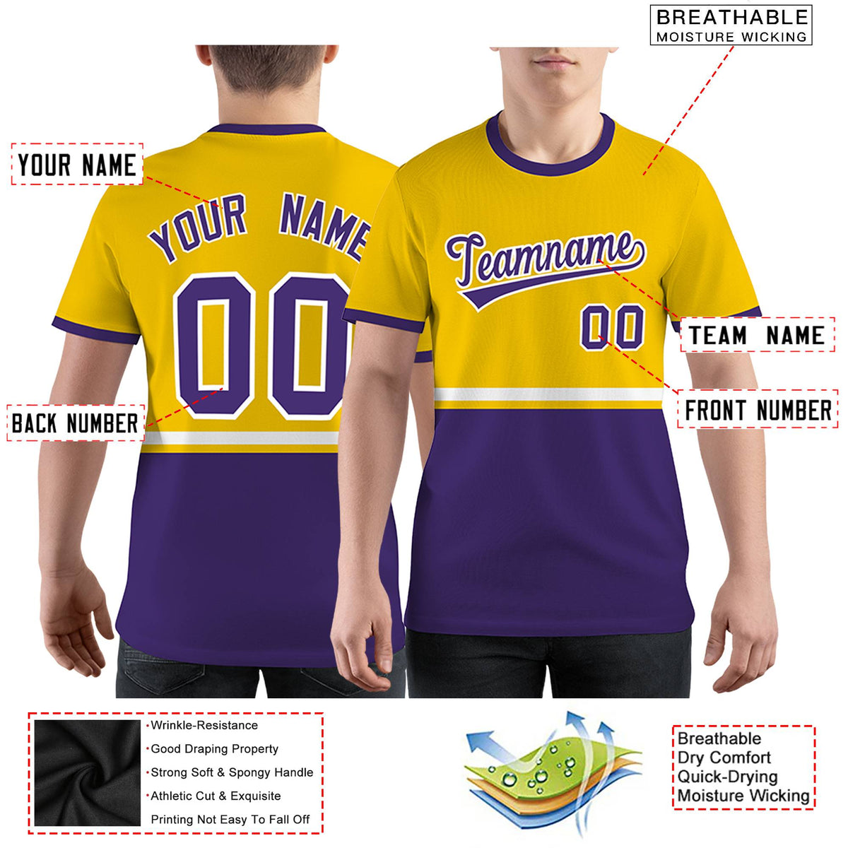 Custom Gold01 Purple-White Color Block Design Performance T-Shirt