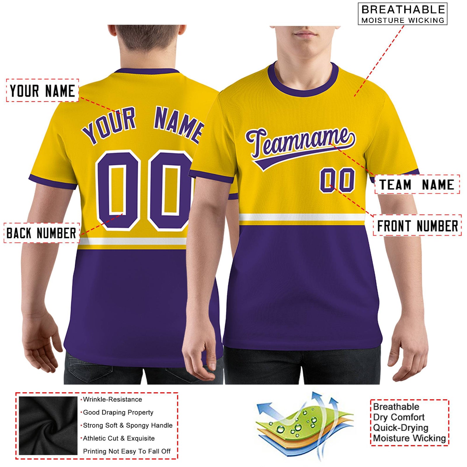Custom Gold01 Purple-White Color Block Design Performance T-Shirt