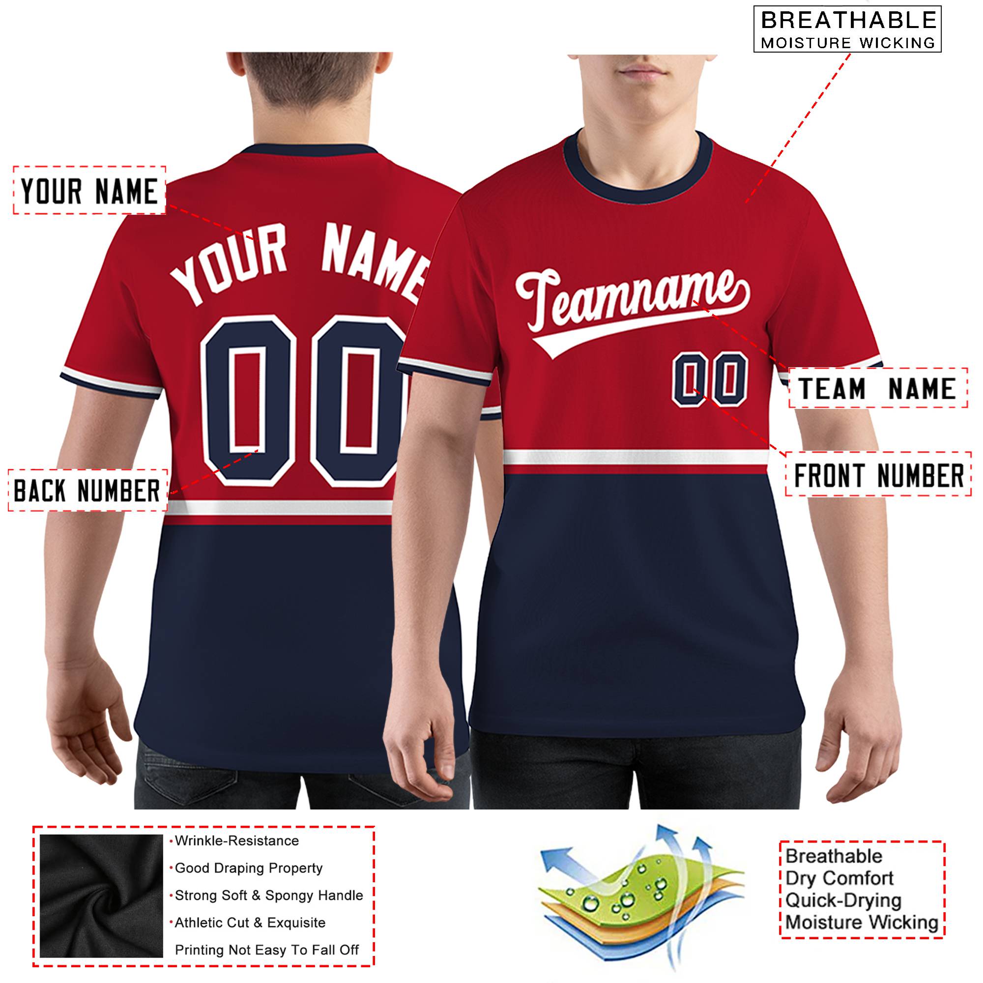 Custom Red Navy-White Color Block Design Performance T-Shirt